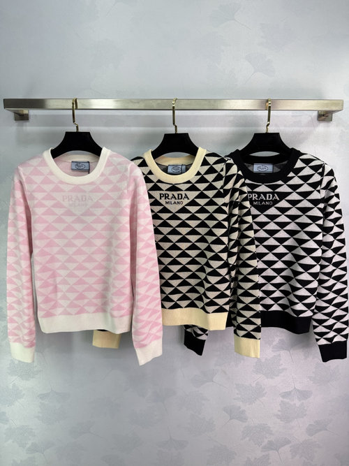 Prada Classic Color-Block Crew Neck Knit Sweater with Logo