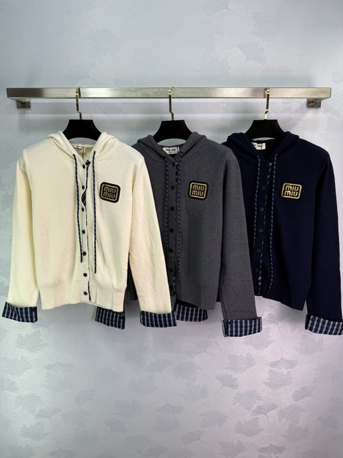Miu Miu Classic Logo-Embroidered Hooded Cardigan with Checkered Lining