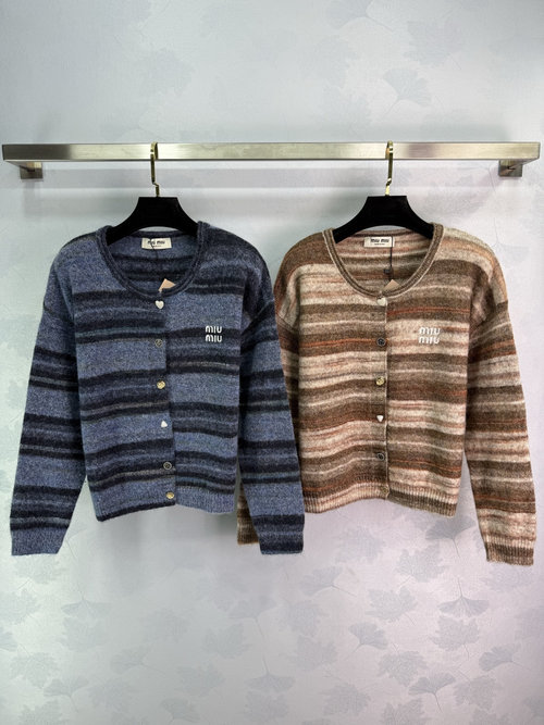 Miu Miu Striped Knitted Cardigan with Embroidered Logo for Versatile Outfits