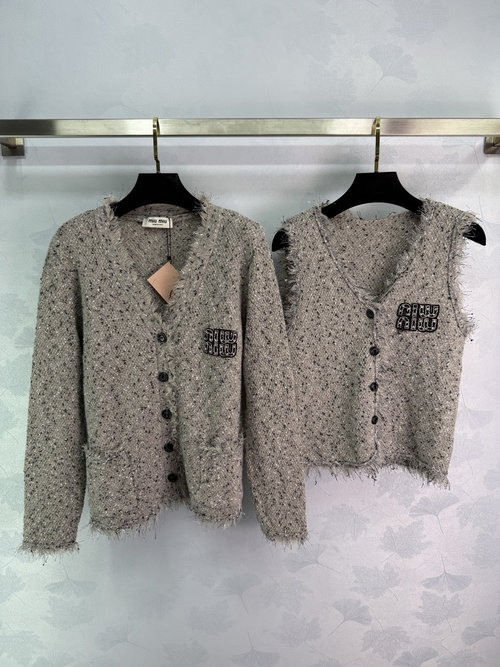 Miu Miu Chic Fringe Soft Wool Blend Cardigan & Vest Set with Logo