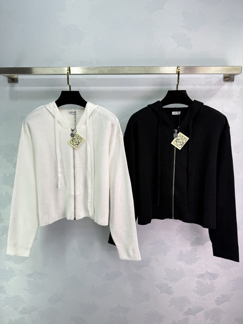 Loewe Hooded Knit Cardigan with Drawstring and Logo Zipper Accent