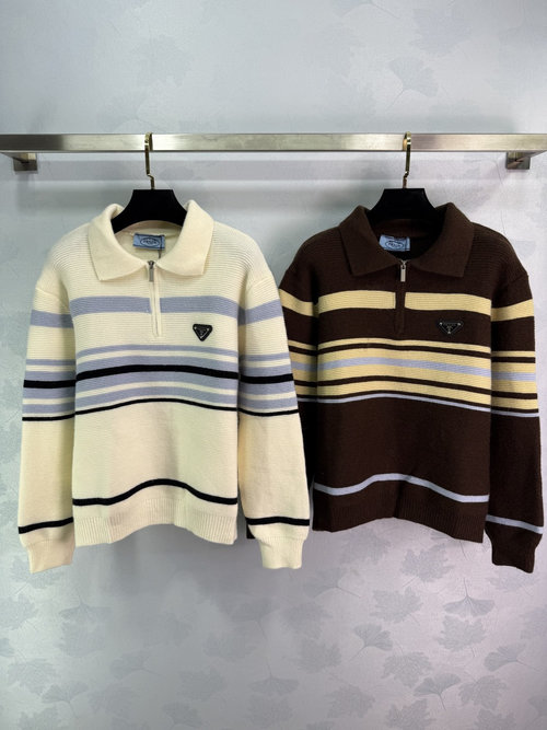 Prada Striped Half-Zip Polo Knit with Logo Embroidery