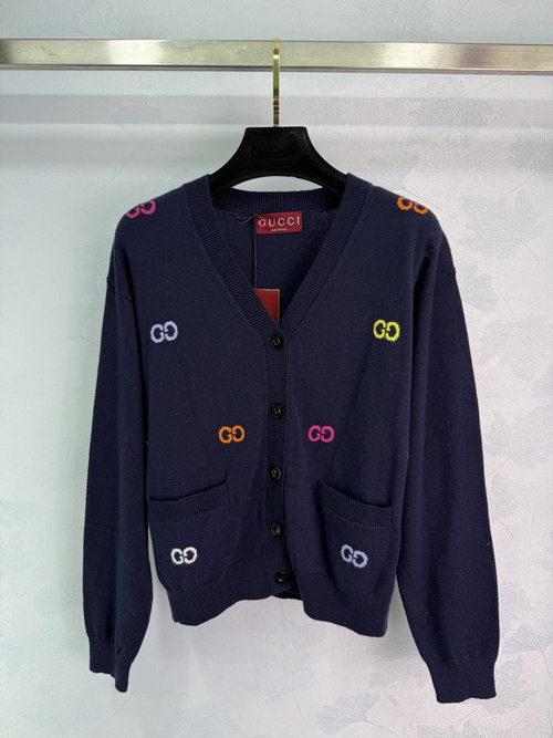 Gucci V-Neck Knit Cardigan with Custom Wool, Colorful GG Jacquard Pattern