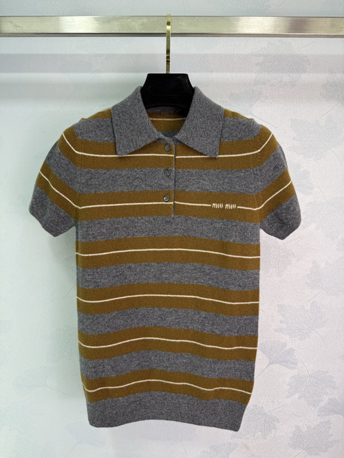 Miu Miu Striped Knitted Polo Shirt with Small Logo Embroidery and Cashmere Blend