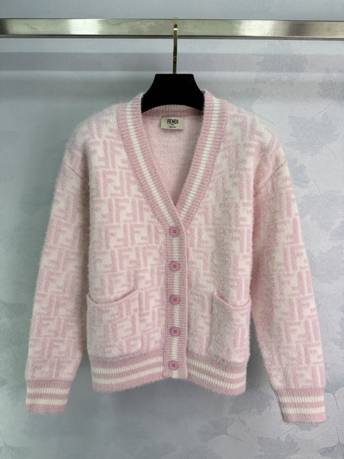 Fendi V-Neck Cardigan with Classic Pink FF Intarsia and Soft Mink Fur