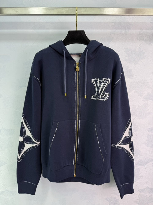 Louis Vuitton Hooded Zip-up Jacket with Embroidered Logo and Geometric Sleeve Details