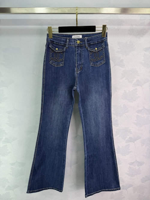 Chanel Denim Flared Pants with Double C Embroidered Logo and High Waist