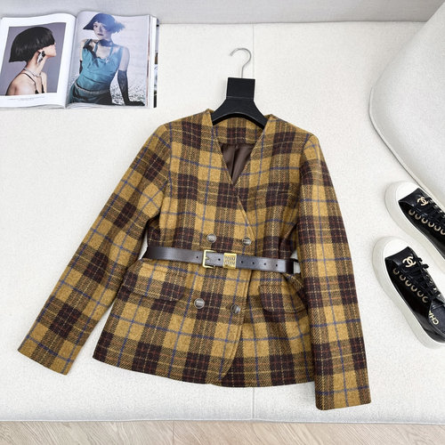 Miu Miu Gorgeous Checked Tweed V-Neck Belted Coat with Brooch
