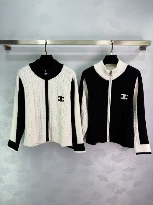Celine Color-Blocked Knit Open Cardigan with Classic Logo and Zipper Detail