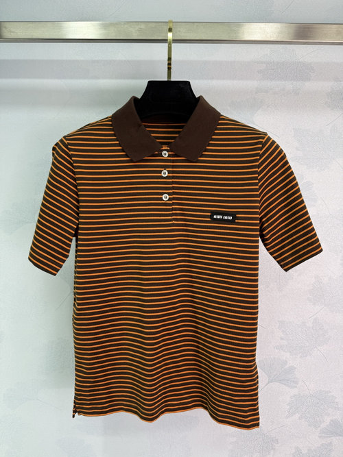 Miu Miu Cotton Short-Sleeve Shirt with Stripes and Logo