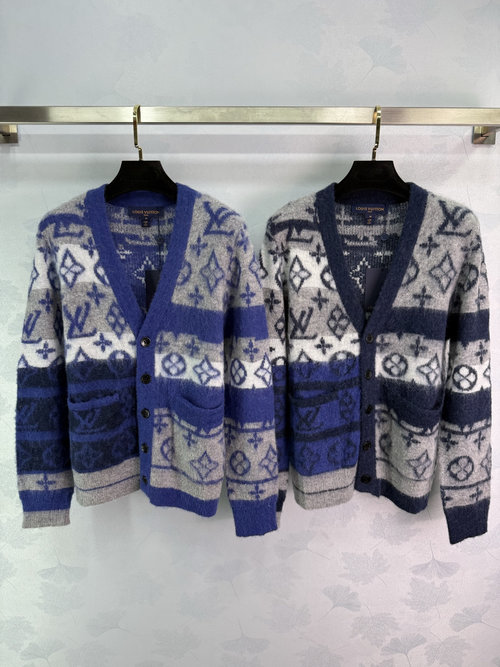 Louis Vuitton V-neck Knit Cardigan with Intricate Logo Jacquard and Striped Design