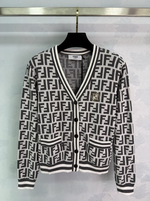 Fendi Letter Jacquard Knit V-Neck Cardigan with Elastic Trim