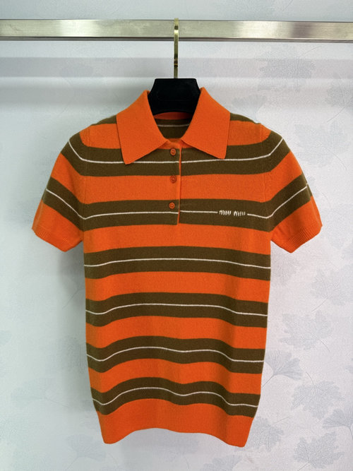 Miu Miu Exclusive Early Autumn Micro Logo Jacquard Striped Cashmere Short-Sleeved Polo Shirt