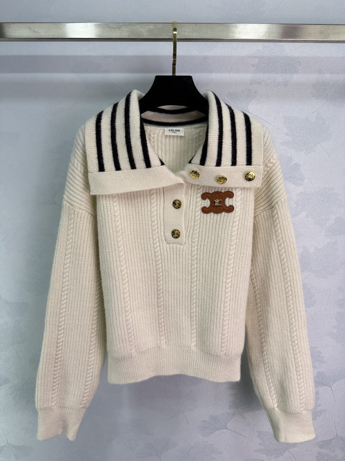 Celine Navy-Inspired Knit Sweater with Classic Logo Metal Badge