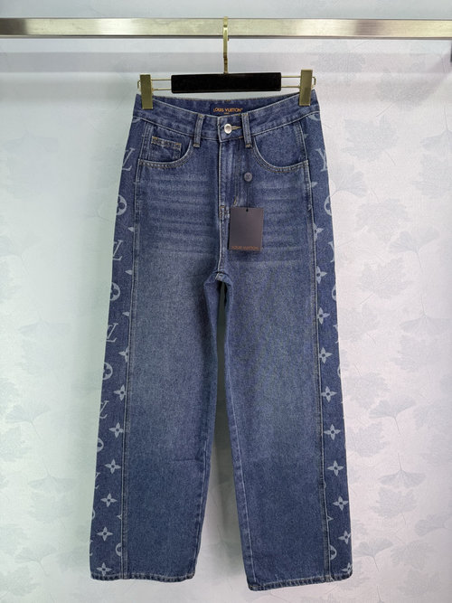 Louis Vuitton High-waisted Wide-leg Jeans with Clover Pattern, Pure Cotton Denim