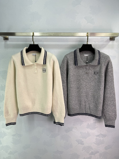 Loewe Polo Collar Knitwear with Logo Embroidery and Striped Design in Soft Fabric