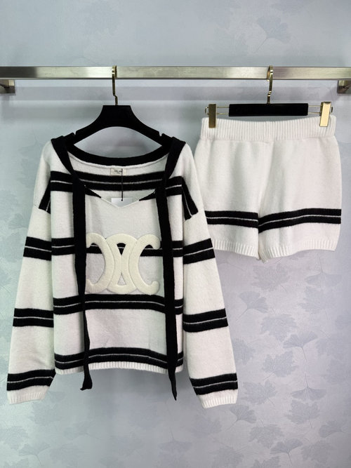 Celine Striped Hoodie and Wide-Leg Shorts Set with Ribbon Accents