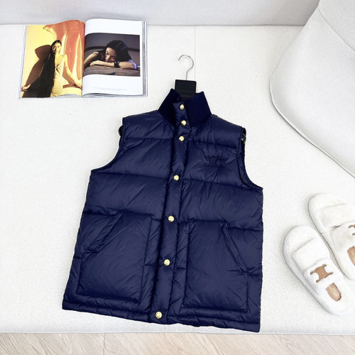 Celine Collared Down Vest with Contrast Thread and Arch Decoration