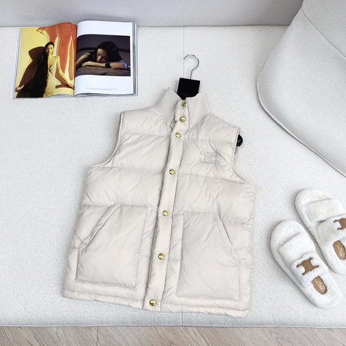 Celine Collared Down Vest with Contrast Thread and Arch Decoration