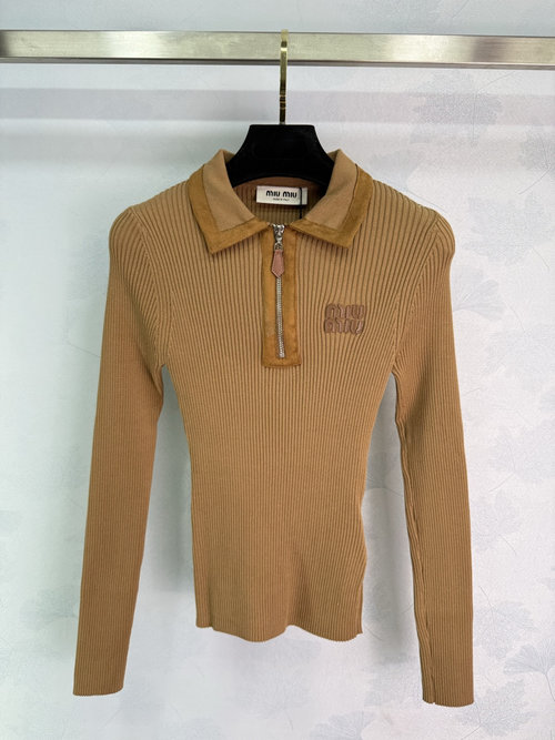 Miu Miu Striped Collar Zip-Up Knit Long Sleeve in Retro Style