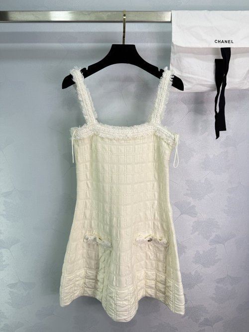 Chanel Exclusive Advanced Workshop Series White Furry Checked Sling Dress