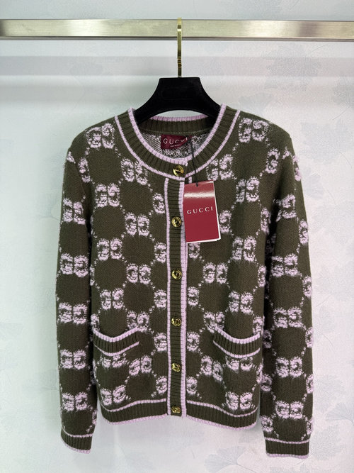 Gucci Classic Double G Logo Knit Cardigan with Diamond and Metal Buttons