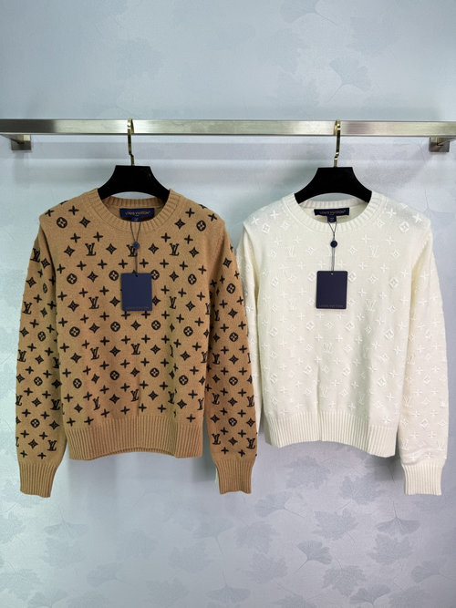 Louis Vuitton Round Neck Knit Sweater with All-Over Logo Embroidery in Soft Blend