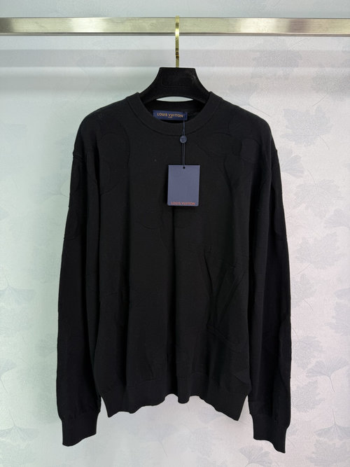 Louis Vuitton Black Embossed Knit Round Neck Sweater in Cotton Wool Blend Fabric