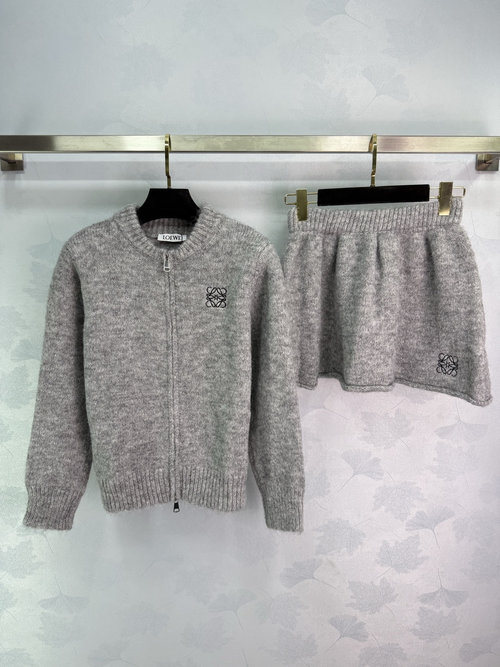 Loewe Wool Knit Set with Zip-Up Cardigan and Skirt, Delicate Logo Embroidery, Soft and Comfortable
