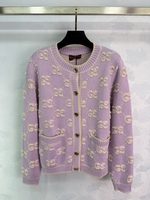 Gucci Round-Neck Knitted Cardigan with Double-G Embroidered Pattern Decoration