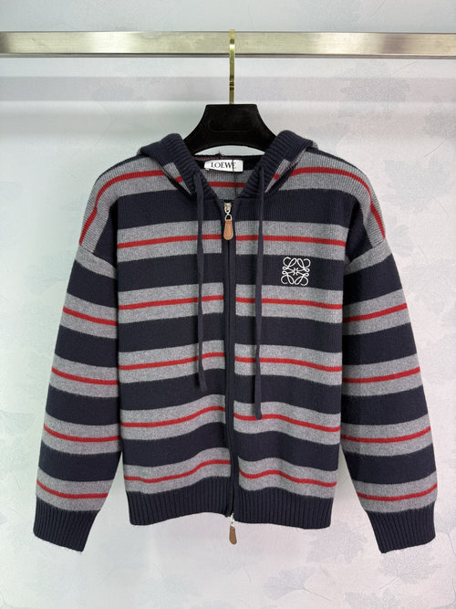 Loewe Striped Zip-Up Hooded Knit Cardigan with Logo Embroidery
