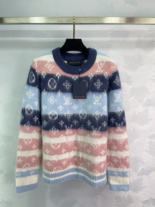 Louis Vuitton Striped Sweater with Full Logo Print in Pink and Blue
