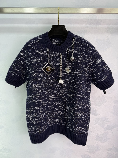 Prada Deep Blue Knit Top with Metal Pendant and Floral Accents