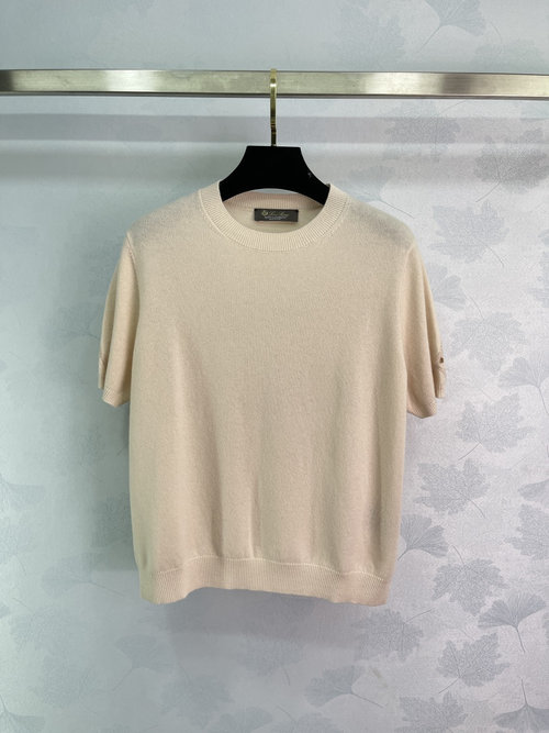 Loro Piana Elegant Solid Color Knit Short Sleeve with Lace Detail