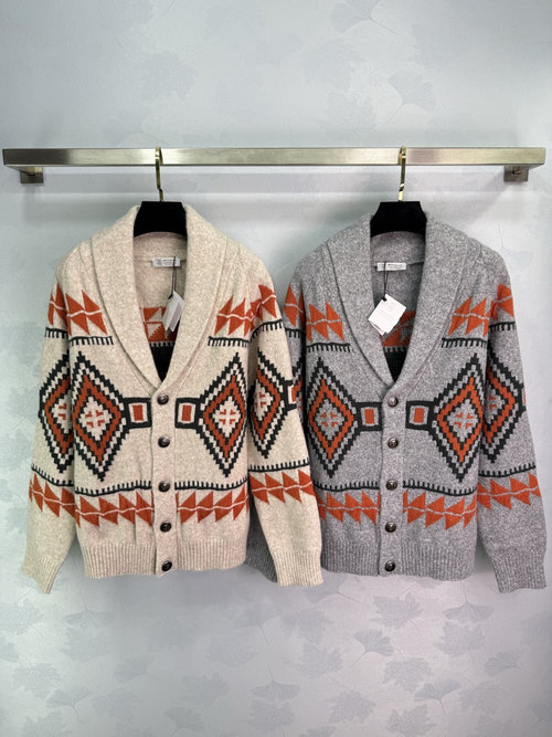 Brunello Cucinelli Collar Knit Cardigan with Ethnic Motifs and Contrasting Trim