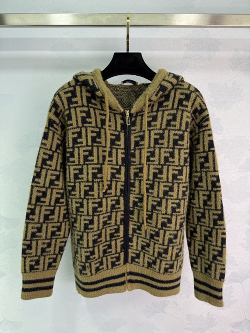 Fendi Soft Knit FF Logo Full Print Hoodie with Striped Cuffs