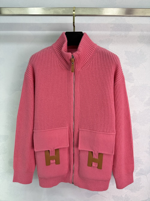 Hermes H-Buckle Leather Patch Pocket Zip-Up Cashmere Cardigan with Swiss Craftsmanship