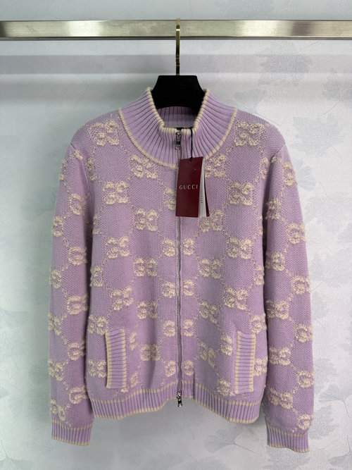 Gucci Stand-Collar Jacquard Knit Cardigan with Double G Motif