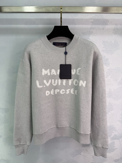 Louis Vuitton Round Neck Sweater with White Embroidered Letters in Wool Material
