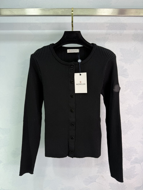 Moncler Classic Vertical Striped Knit Cardigan with Brand Logo Sleeves