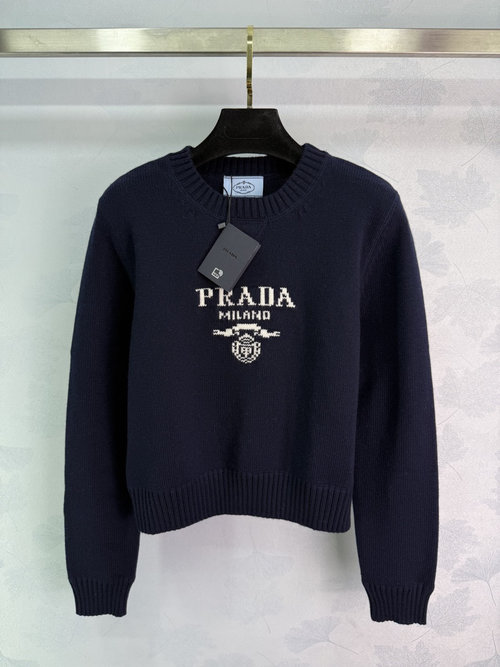 Prada Round - Neck Letter Knit Long - Sleeve Sweater with Embroidered Logo
