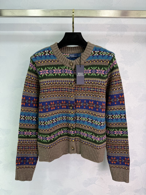 Polo Ralph Lauren Nordic-style Fair Isle Knit Cardigan with Color Blocking, Classic Round Neck