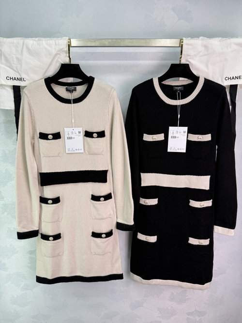 Chanel Custom-Dyed Yarn Dress with Bow Buttons - Classic Black and White, Soft Wool Blend