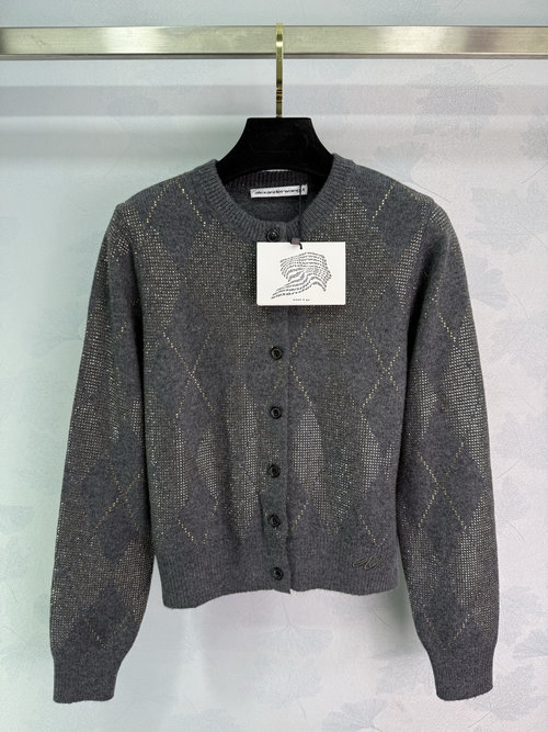 Alexander Wang Diamond-Embroidered Jacquard Knit Cardigan with Emblazoned Logo
