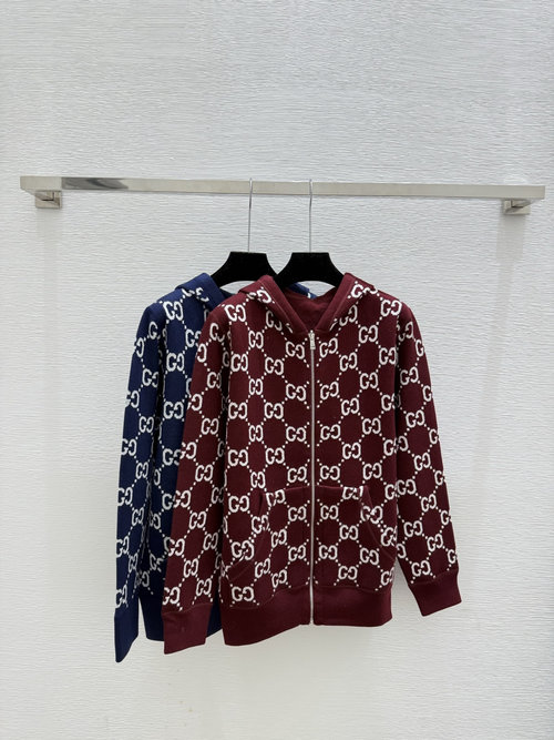Gucci Hooded Monogram Letter Knitted Long-sleeved Cardigan in Red and Royal Blue