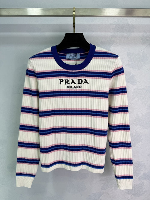 Prada Customized Wool Knit Long Sleeve with Stripes and Embroidered Logo, Stylish and Timeless