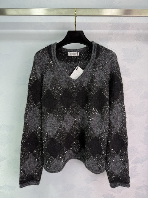 Brunello Cucinelli Sparkling V-neck Knitwear with Rhombus Pattern and Silver Beading
