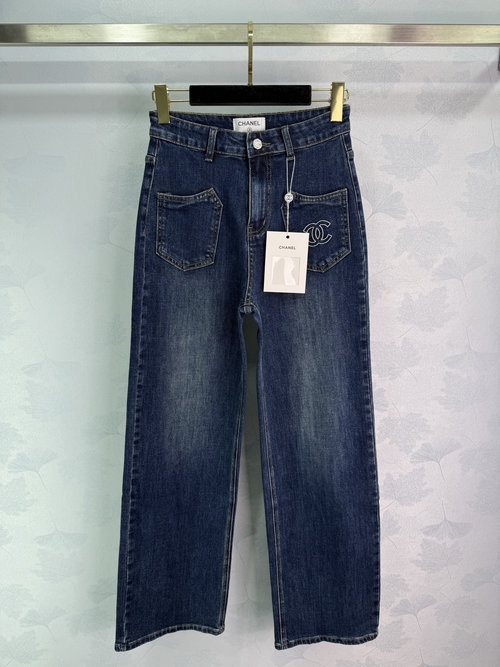 Chanel High-Waisted Straight Jeans with Double C Embroidery - Timelessly Elegant