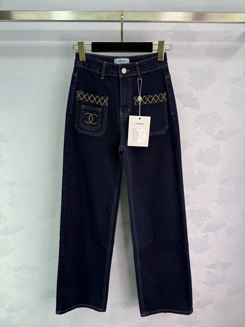 Chanel High-Waisted Straight Leg Jeans with Embroidered Double C Logo - Vintage Deep Blue Wash