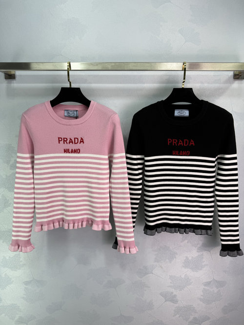 Prada Round-Neck Striped Knit Long Sleeve with Logo, Timeless and Comfortable